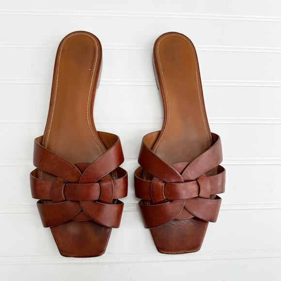 Saint Laurent Tribute Sandal Flat Mules Brown Tan Ambra Slides Smooth Leather - Picture 3 of 8